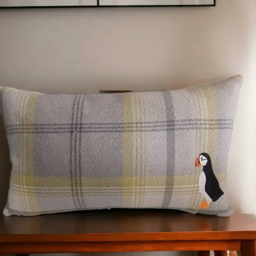 Pembrokeshire Puffin Embroidered Cushion + Inner