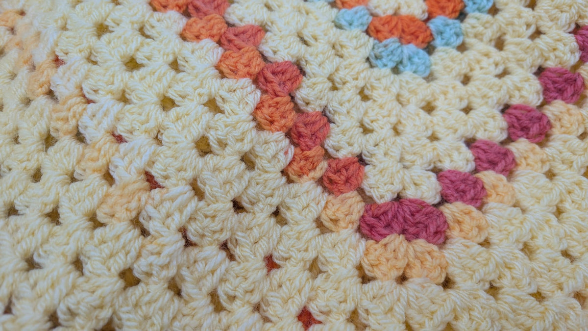 Sunshine Hexagon Cardigan — Hand Crocheted — Size M-L — Yellow & Pastel Rainbow — Bobble Edge — Ready Made