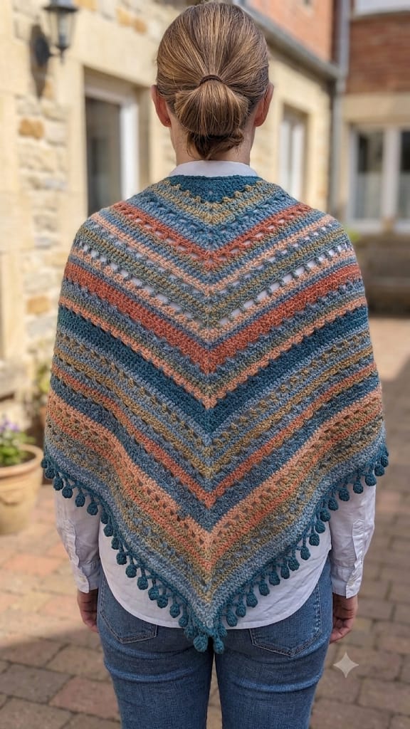 A woman viewed from behind wearing a crocheted triangular shawl with chevron stripes in teal blue, rust orange, beige, and gray, finished with tassel trim, in an outdoor setting.