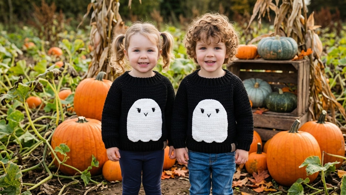 Two young children standing in a pumpkin field wearing matching black knit sweaters with a white ghost graphic on the front, with pumpkins and a wooden crate in the background.
