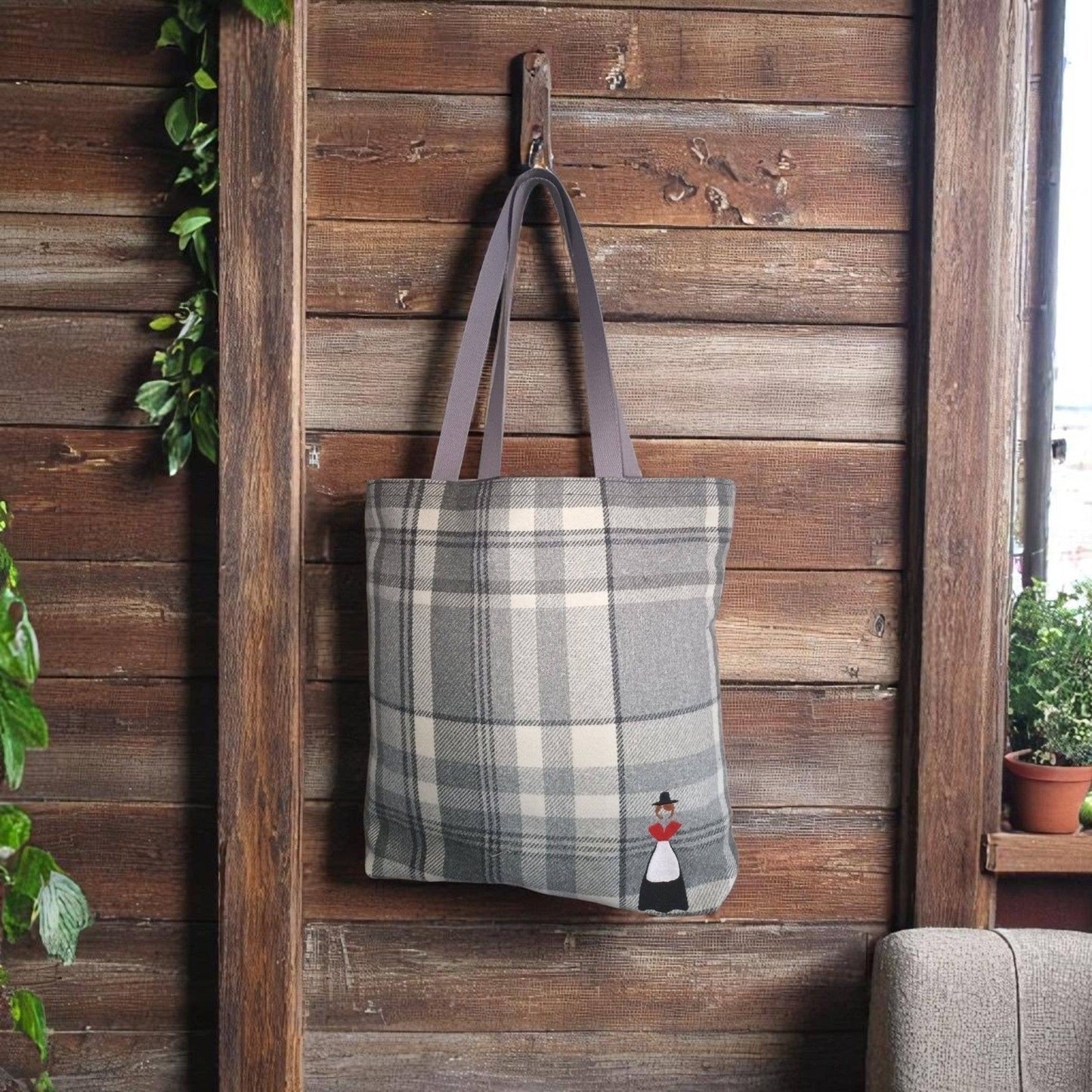 Welsh Lady Embroidered Balmoral Check Tote / Shopping Bag