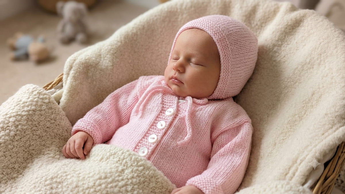 A sleeping newborn baby wearing a pink knitted cardigan and bonnet, resting in a wicker basket lined with a soft cream-colored blanket.