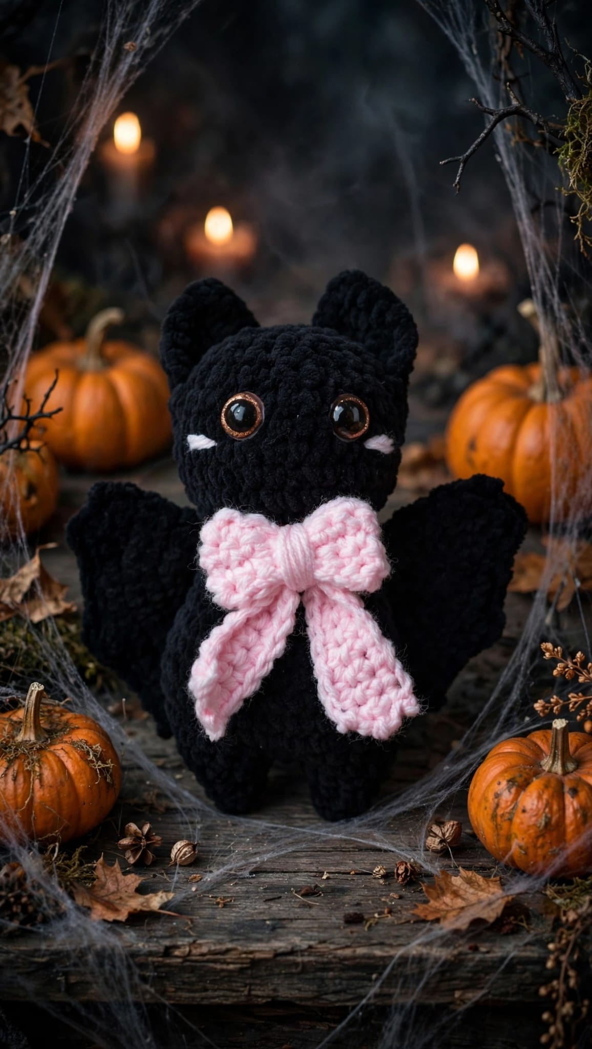 A black crocheted plush cat toy with a pink bow around its neck, posed on a rustic wooden surface surrounded by small pumpkins, spiderwebs, dried leaves, and warm candlelight.