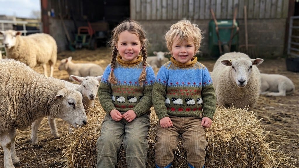 Two young children sitting on hay bales at a farm, wearing matching knit sweater vests with sheep patterns. Sheep and a barn are visible in the background.