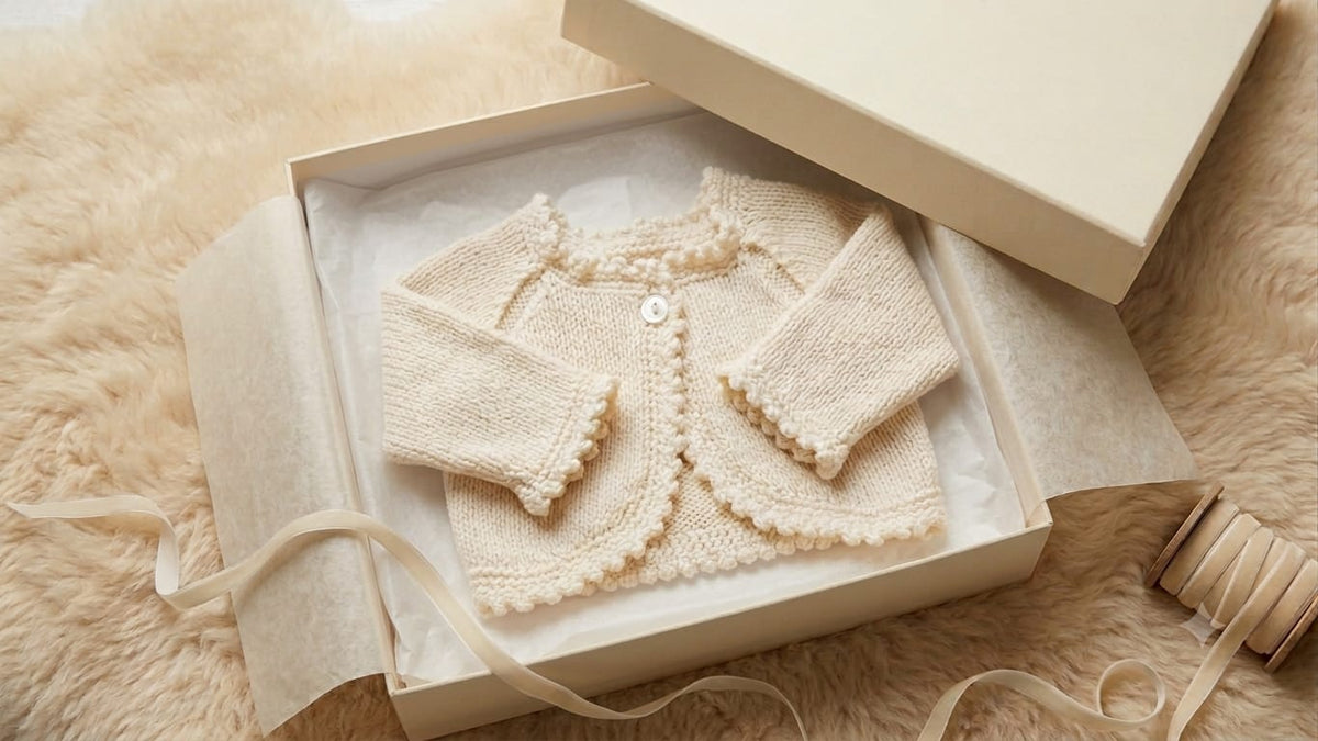 A cream-colored knitted baby cardigan with pom-pom trim and a small button closure, presented inside an open cream gift box lined with tissue paper on a soft beige faux-fur surface.