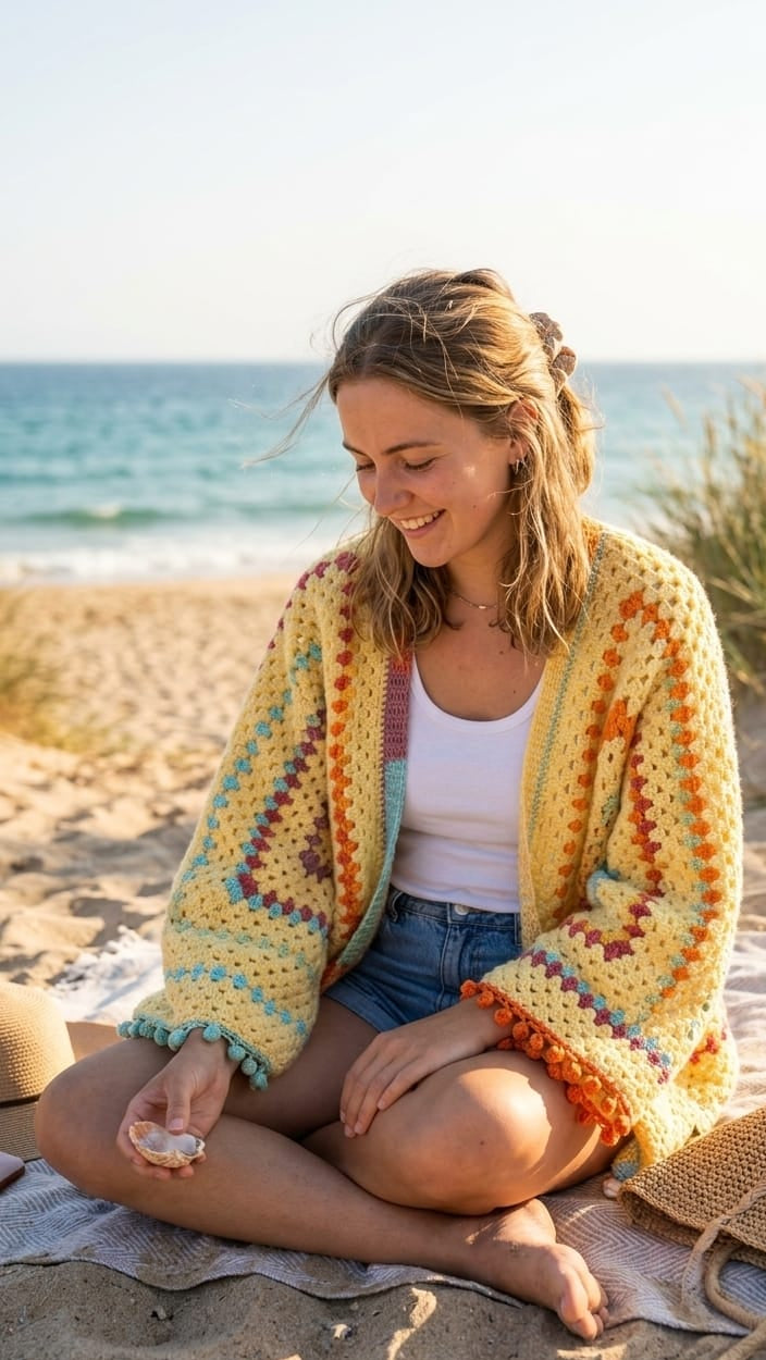 A woman sits cross-legged on a sandy beach wearing a colorful crocheted cardigan over a white tank top and denim shorts, with the ocean and dunes in the background.