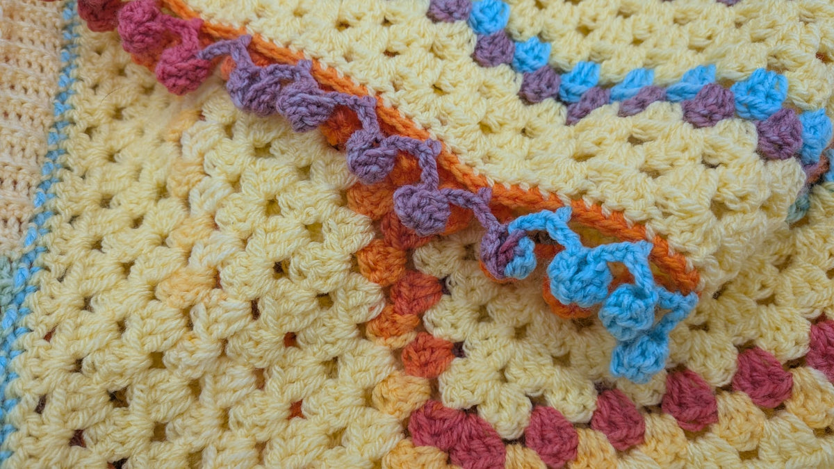 Sunshine Hexagon Cardigan — Hand Crocheted — Size M-L — Yellow & Pastel Rainbow — Bobble Edge — Ready Made