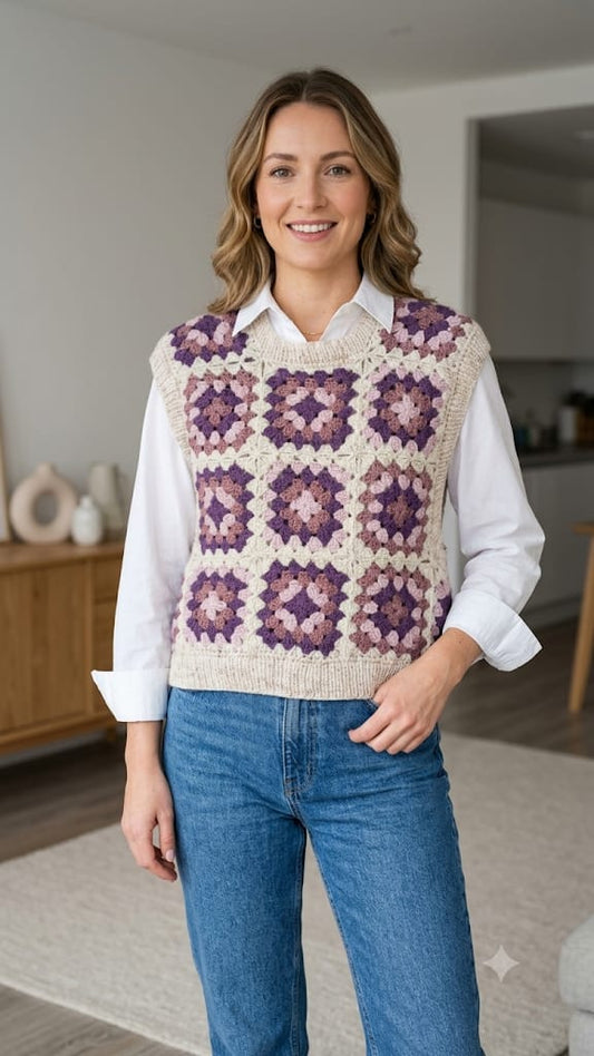 A woman wearing a cream-colored crochet vest with purple and pink granny square patterns, styled over a white collared shirt and blue jeans in a bright indoor setting.