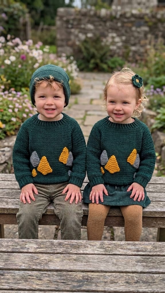 Two young children sitting side by side on a weathered wooden bench in an outdoor garden setting. The child on the left wears a dark green knit sweater with a green beanie, and the child on the right wears a matching dark green knit sweater and dress.