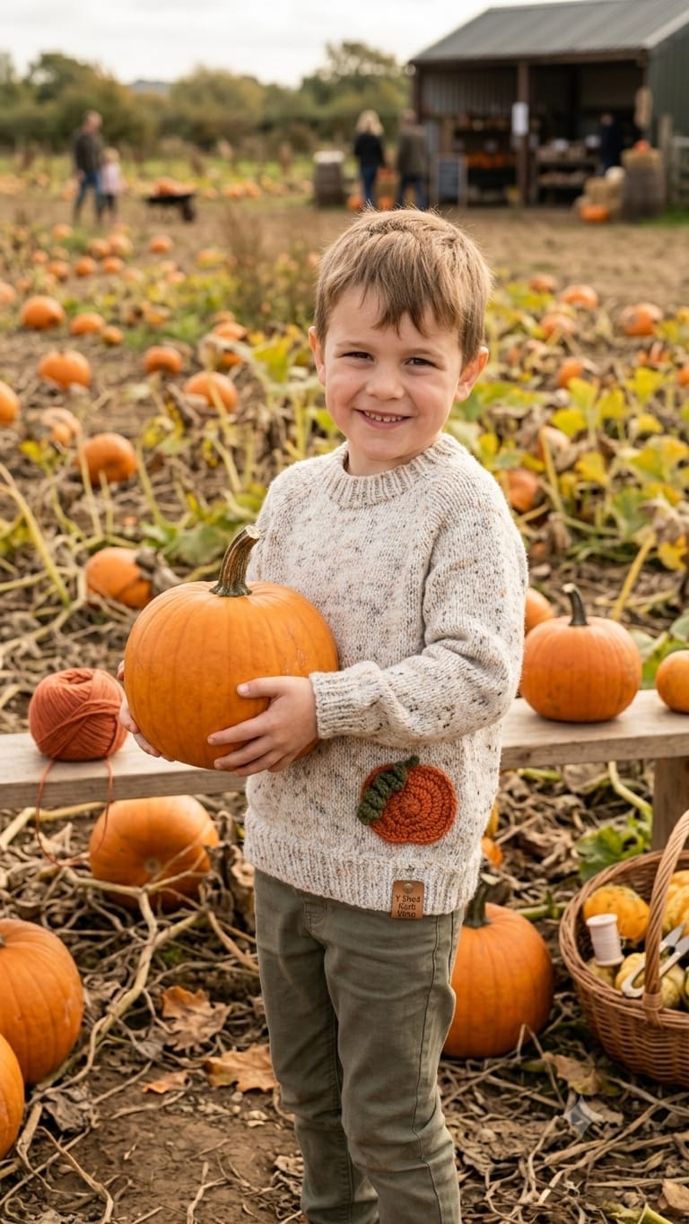 A young boy smiling in a pumpkin patch, wearing a cream knit sweater with a small orange pumpkin applique on the pocket and holding a large orange pumpkin.