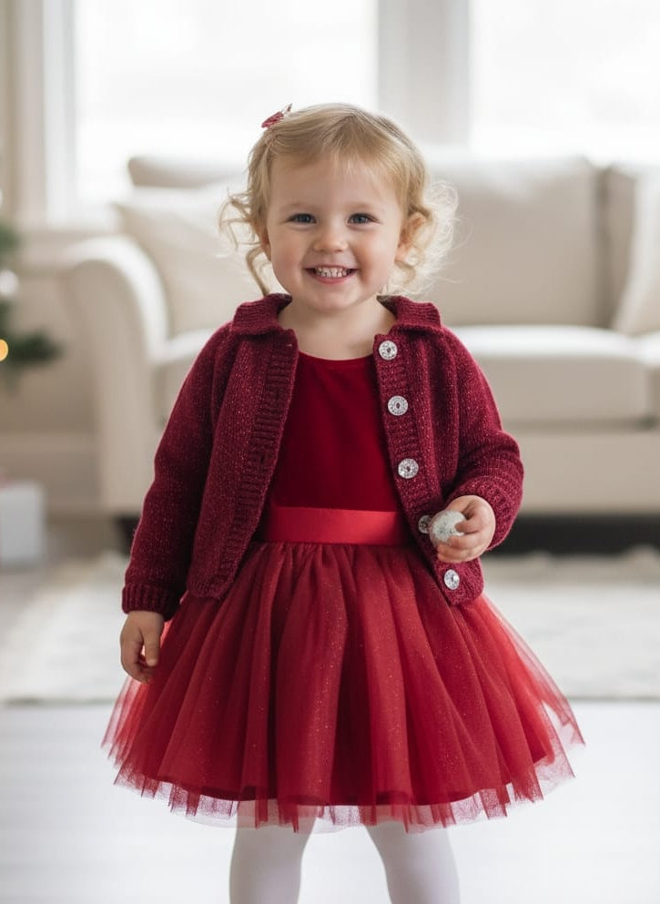 Child wearing a red dress with a matching cardigan in a festive living room.