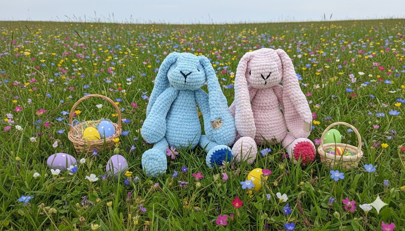 Two crocheted bunny toys, one blue and one pink, sitting in a field of flowers with Easter eggs.