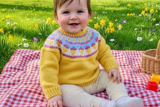 Child in a yellow sweater sitting on a checkered blanket in a park with flowers and trees.