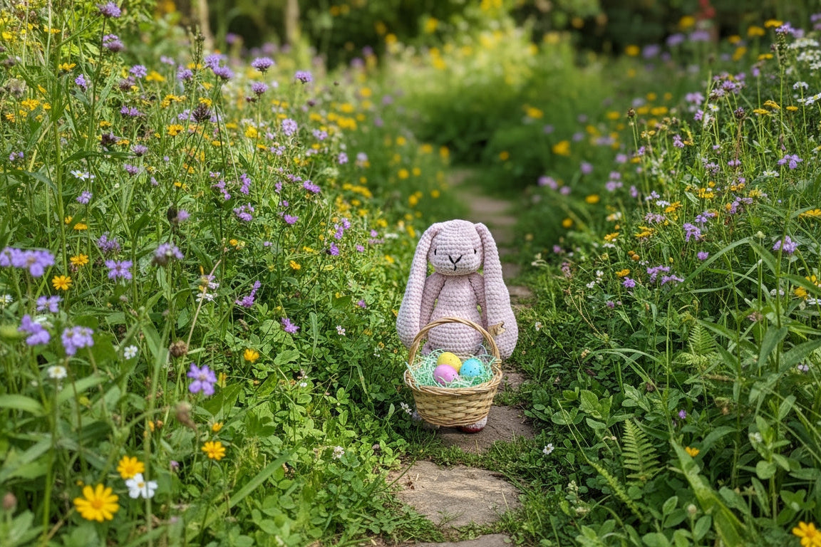 Sculpture of a rabbit with a basket in a garden filled with flowers