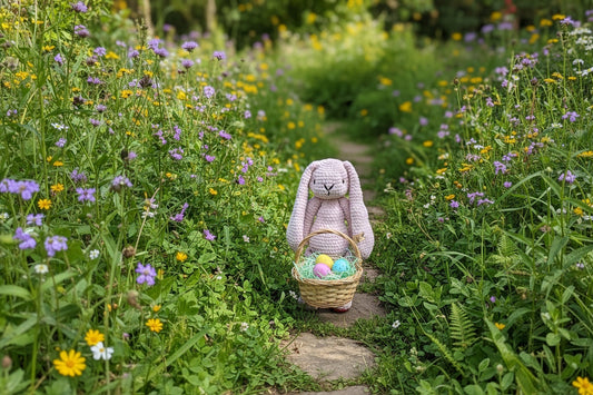 Sculpture of a rabbit with a basket in a garden filled with flowers