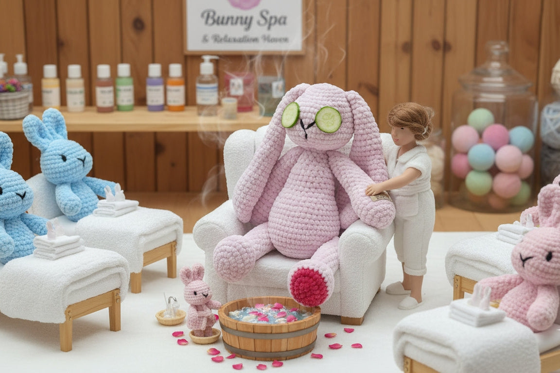 Pink bunny toy with sunglasses in a spa setting with other bunny toys and products.