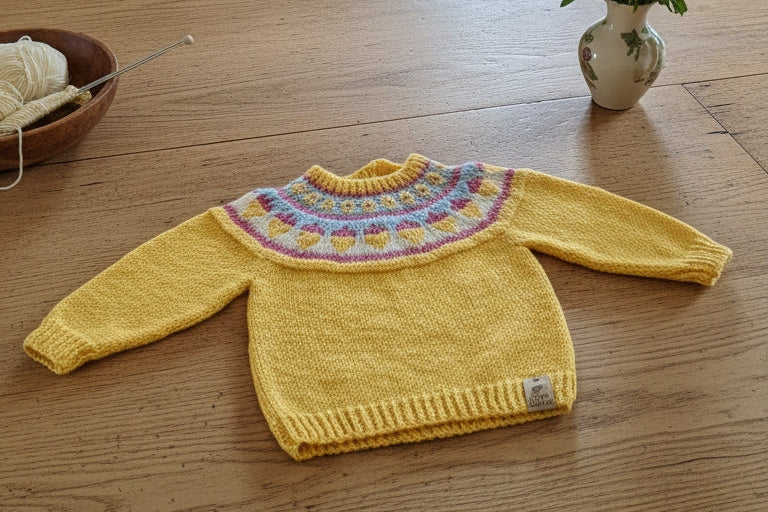 Yellow knitted sweater on a wooden table with a fireplace and chairs in the background