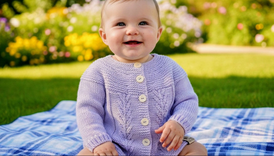 A baby sitting outdoors on a blue and white plaid blanket, wearing a light purple cable-knit cardigan with cream buttons. The background shows a blurred green lawn and garden.