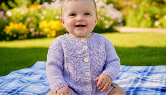 A baby sitting outdoors on a blue and white plaid blanket, wearing a light purple cable-knit cardigan with cream buttons. The background shows a blurred green lawn and garden.