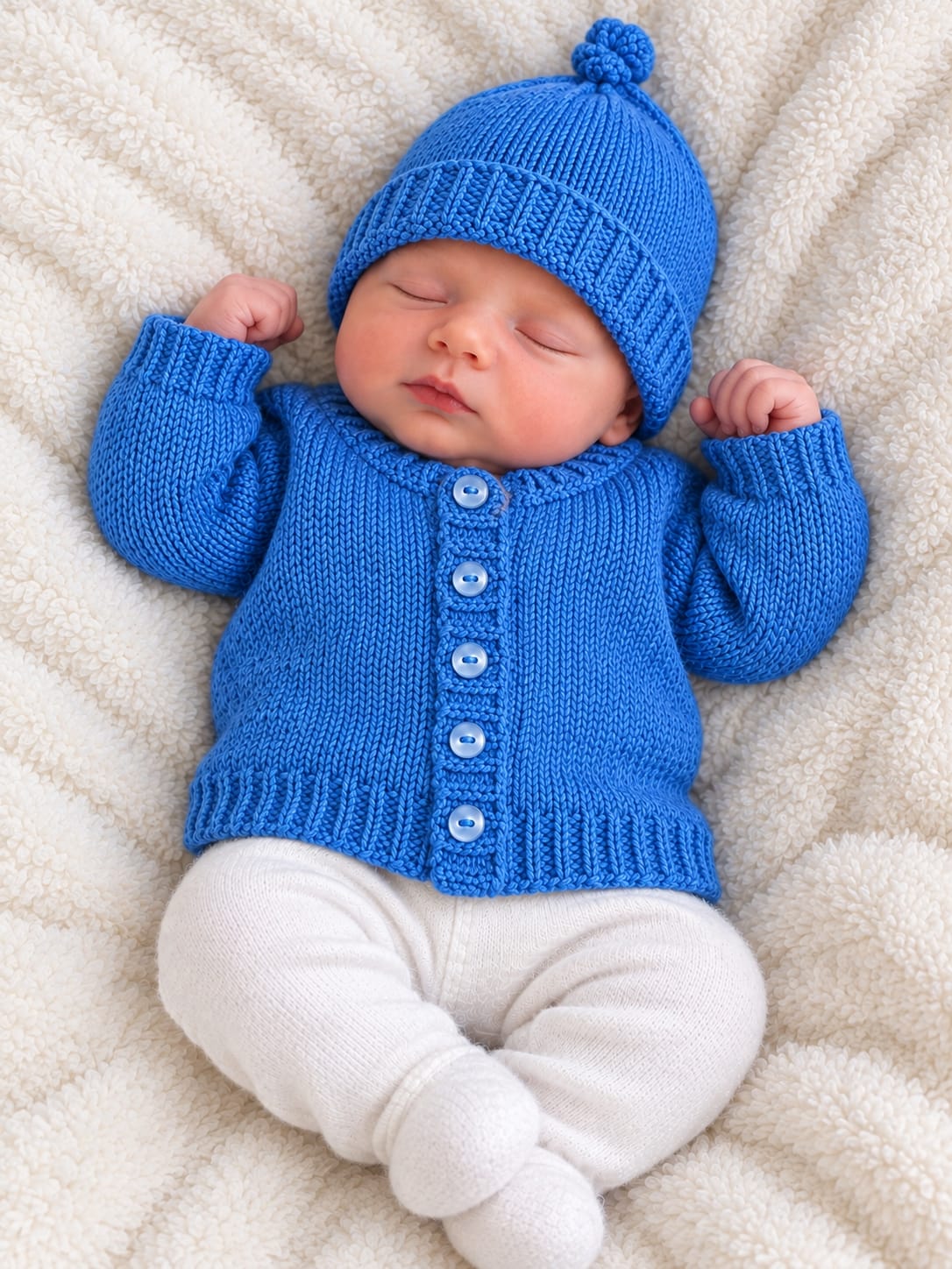 A sleeping newborn baby wearing a bright blue knitted hat with a pom-pom and matching button-front cardigan, paired with white footed socks, lying on a soft cream blanket.