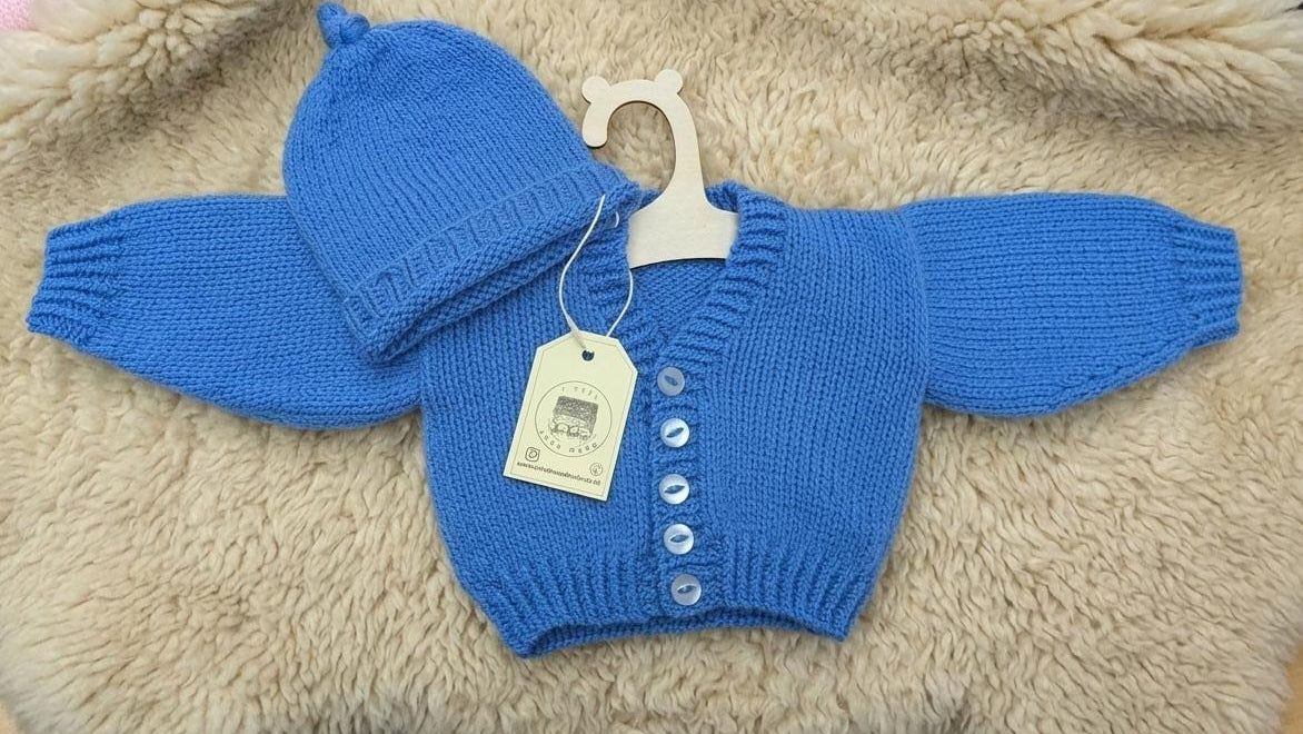 Hand Knitted Cardigan 0-3 Months with Hat Gift Set