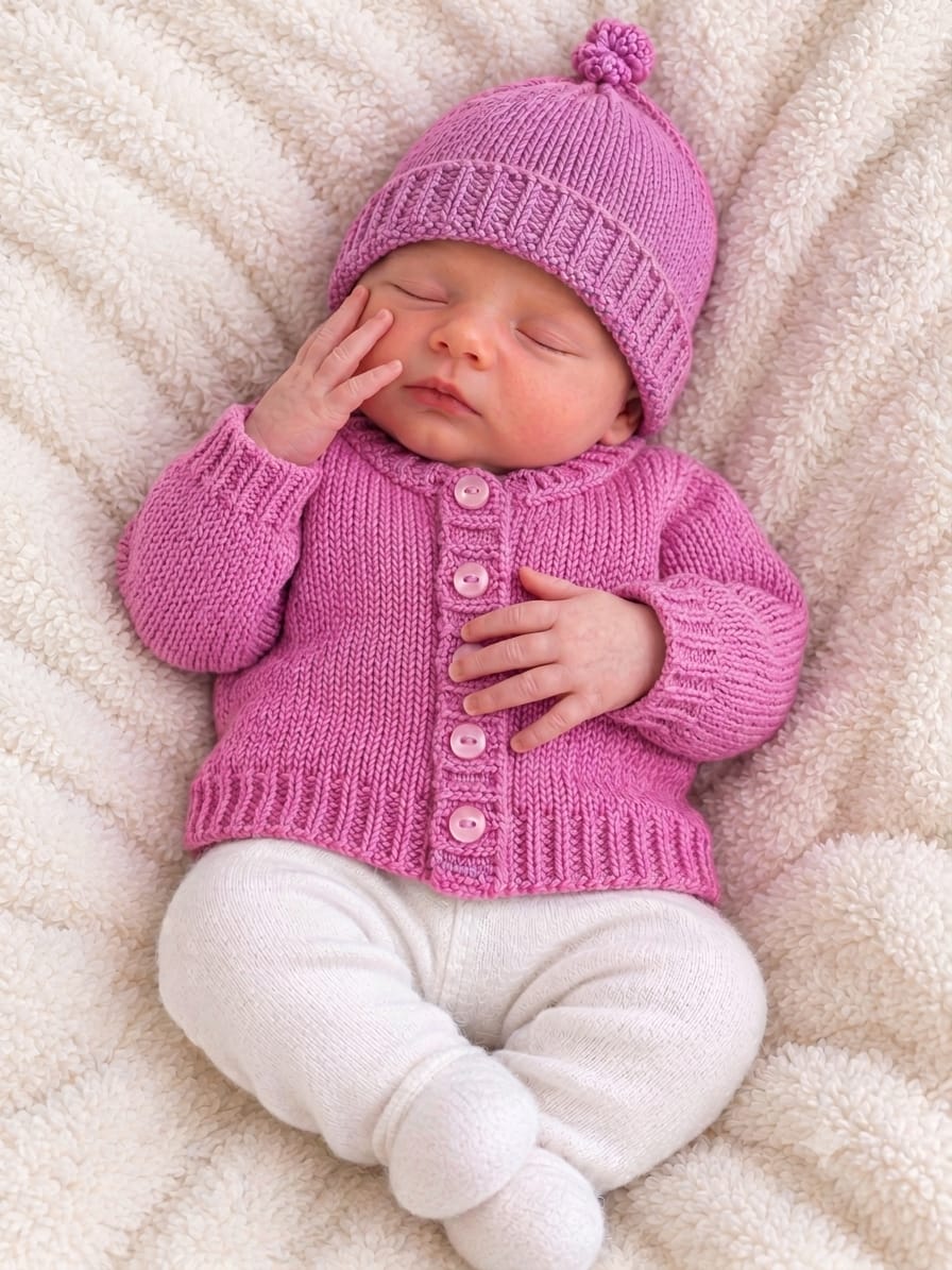 A sleeping newborn baby wearing a pink knitted hat with a pom-pom, a pink button-front cardigan, and white footed socks, lying on a soft cream blanket.