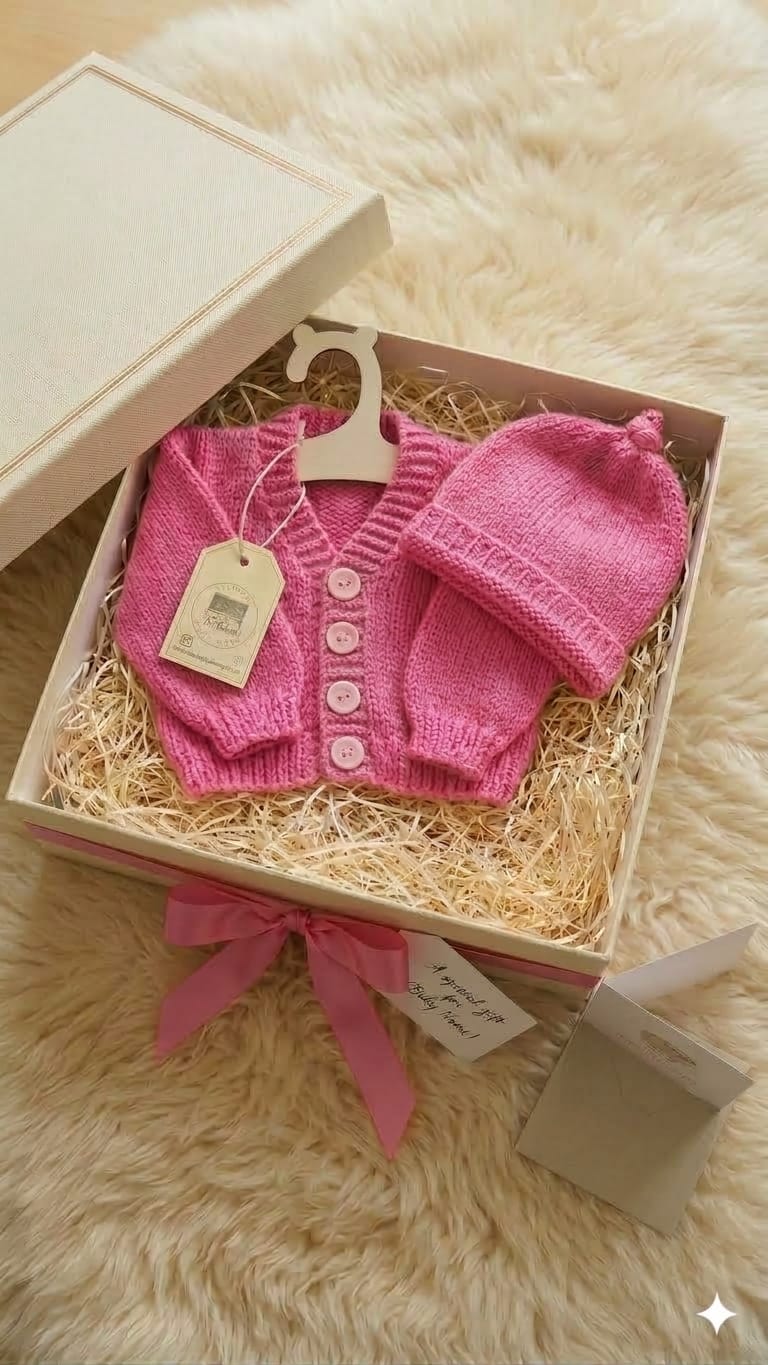 A pink knitted baby cardigan and matching hat presented in an open gift box with shredded paper filler, set on a cream faux-fur surface. The gift box has a pink ribbon bow and a small hanging tag.