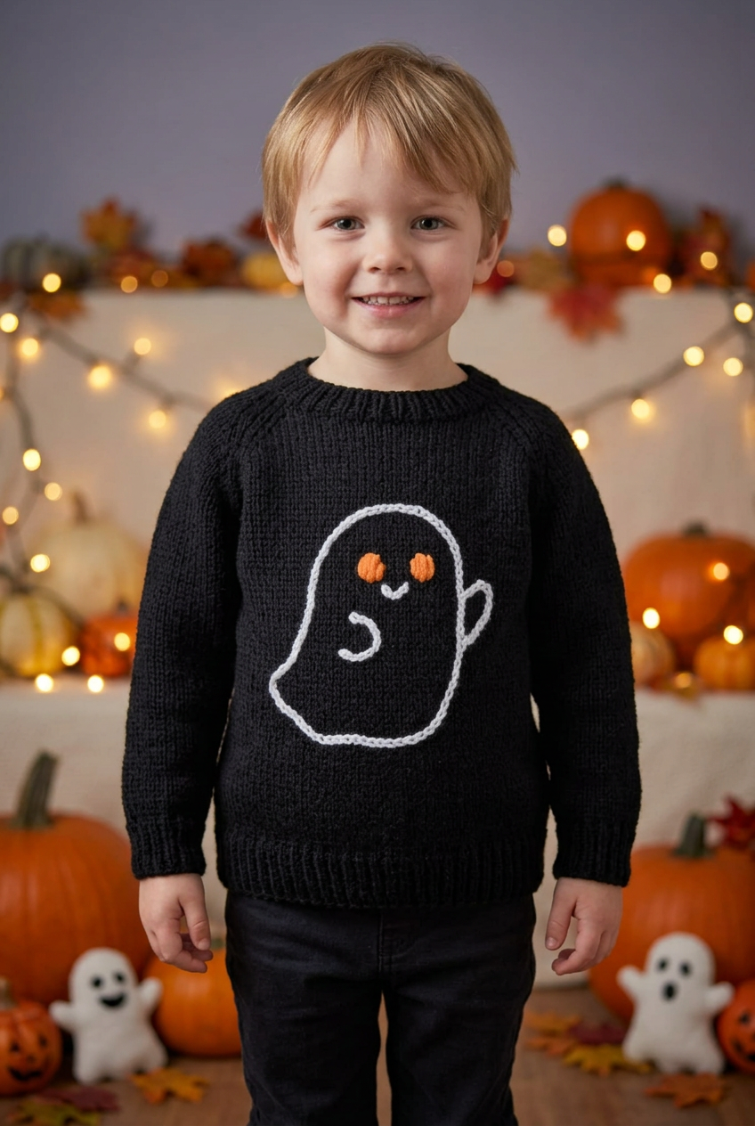 Child wearing the ghost jumper in a cute Halloween setting