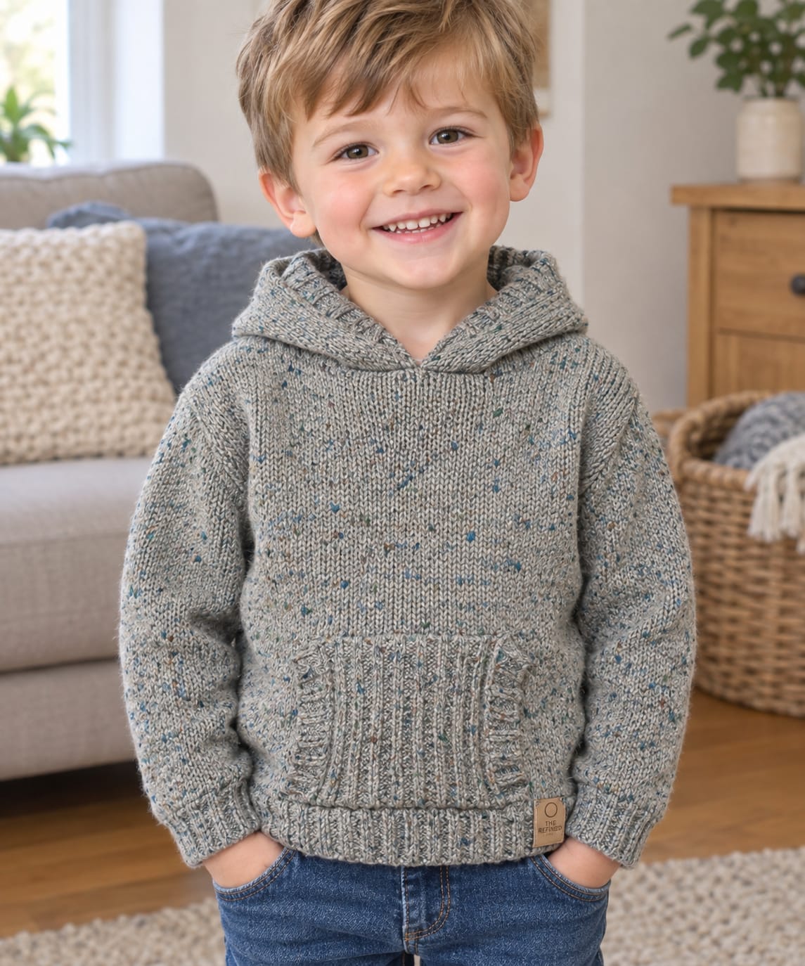 A young boy smiling while wearing a gray speckled knit hoodie with a front kangaroo pocket, standing in a cozy living room setting.